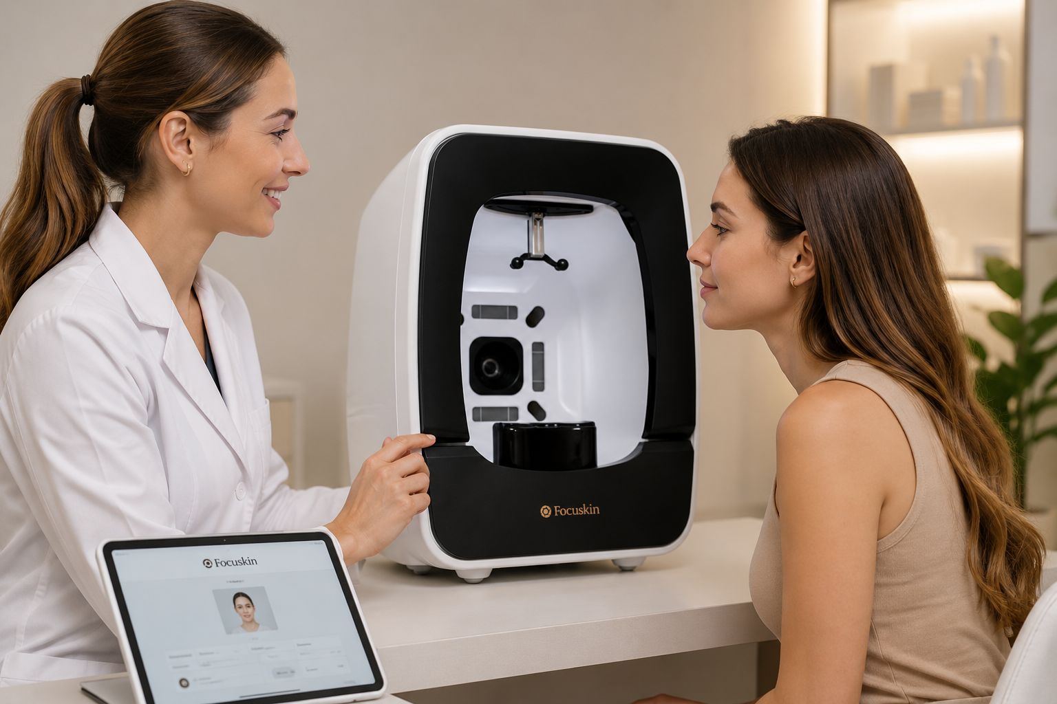 Professional Korean facial skin analyzer device in a modern clinic