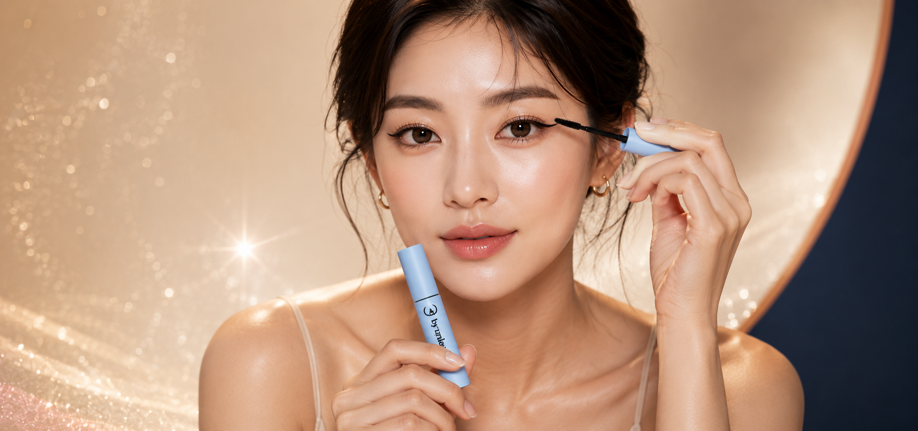 Korean beauty model with luminous glass skin holding cosmetic products