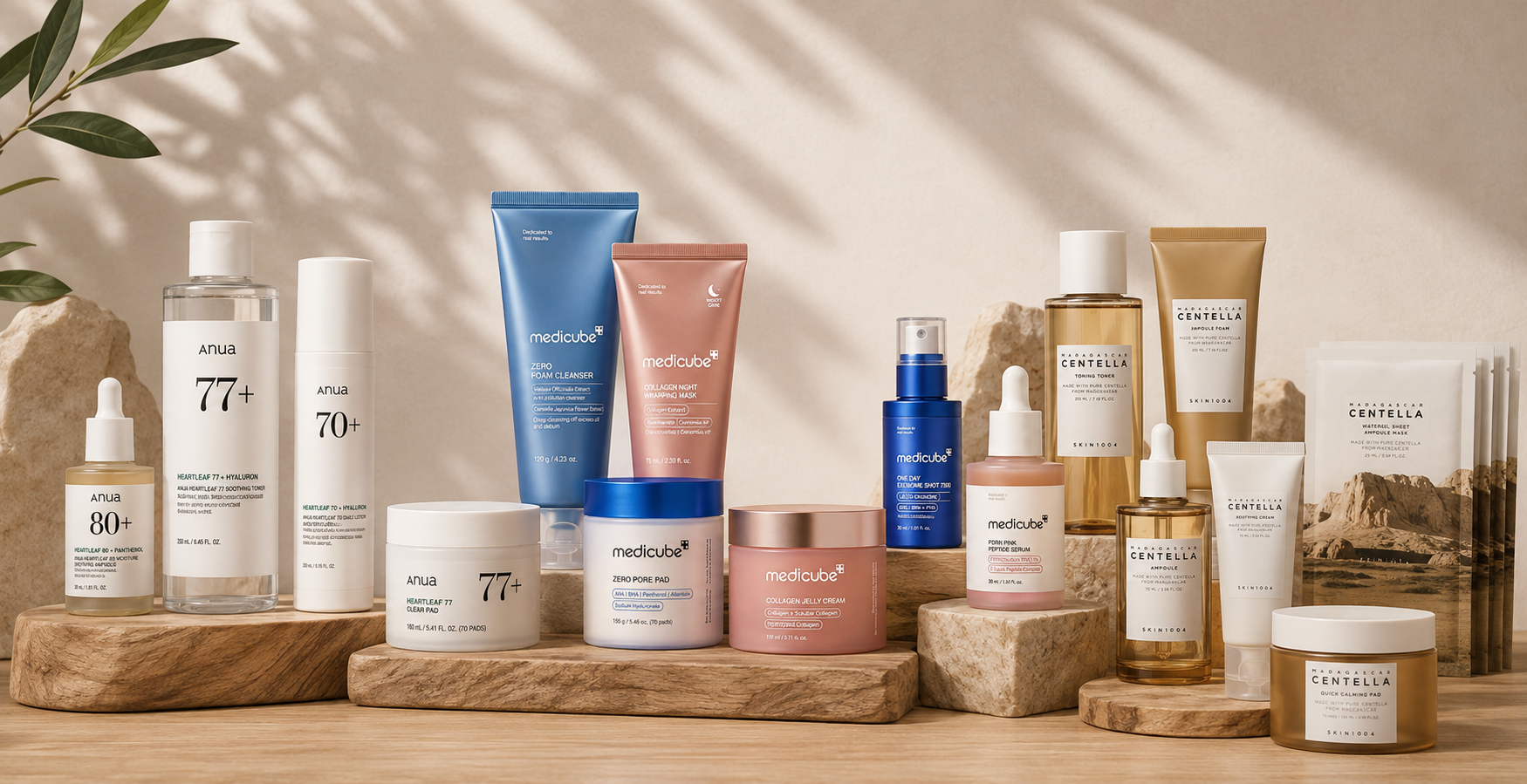 Elegant arrangement of Korean skincare bottles and serums