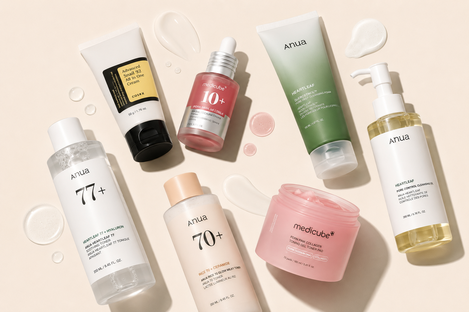Editorial arrangement of Korean skincare products