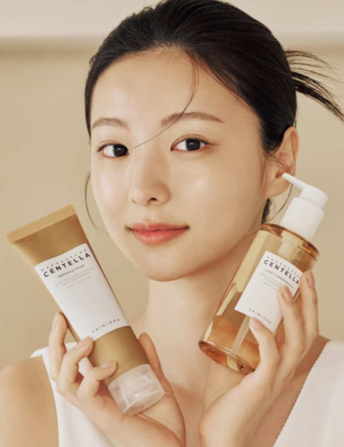 Korean skincare products arranged on a beige surface
